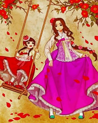 woman and daughter wearing Hanbok diamond painting