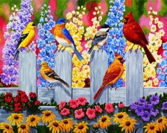 Birds On Garden Fence diamond painting
