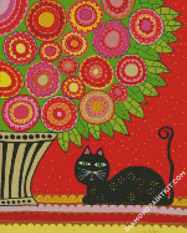 Cat And Flowers Folk Art diamond paintings