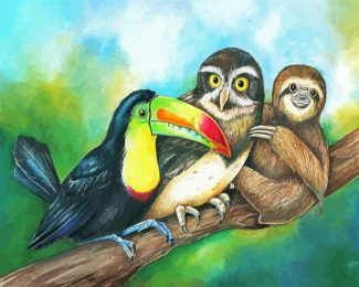 Sloth With Toucan And Owl diamond painting