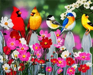 Spring Garden Birds On Fence diamond painting