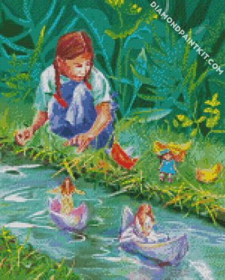 Girl Watching Her Paper Boats Floating diamond painting