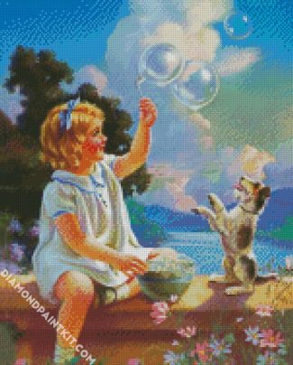Girl Playing With Bubbles And Dog diamond painting