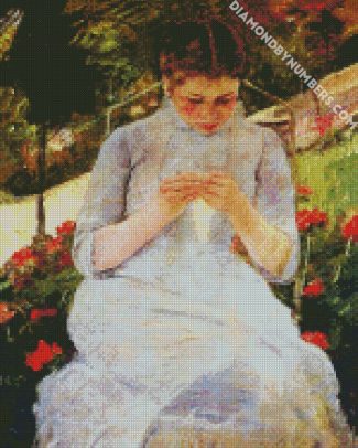 Young Woman Sewing In A Garden diamond painting