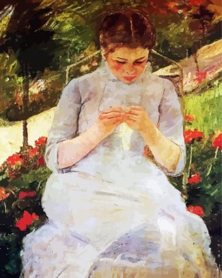 Young Woman Sewing In A Garden diamond painting
