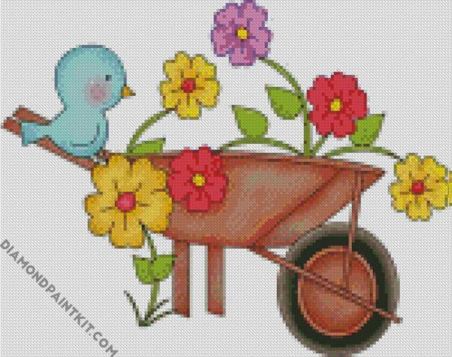 Cute Wheelbarrow With Flowers And Blue Bird diamond painting