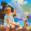 Girl Playing With Bubbles And Dog diamond painting