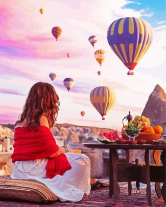Girl Watching The Hot Air Balloons In Cappadocia Turkey diamond painting