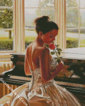 Piano Lady Holding A Pink Rose diamond painting