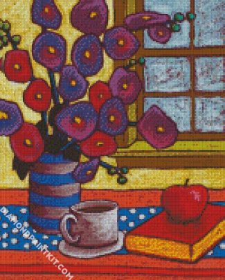 Purple Flowers And Cup Of Coffee diamond painting