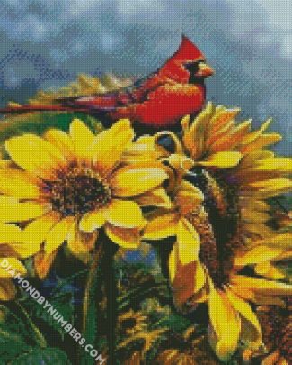 Red Cardinal On Sunflowers diamond painting