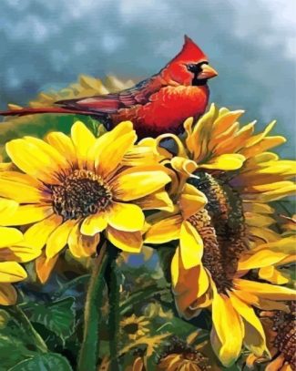 Red Cardinal On Sunflowers diamond painting
