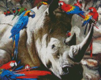 Rhino and parrots diamond painting