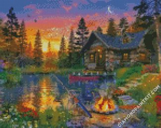 Fishing by Rustic Cabin in the forest diamond painting