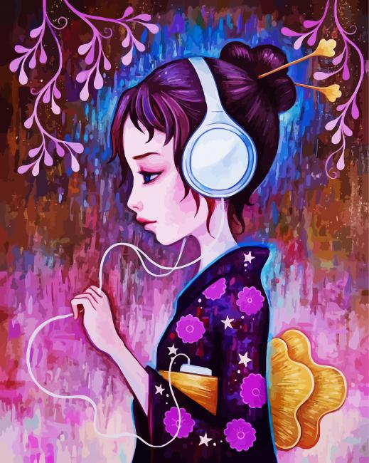 Girl Wearing Headphones - 5D Diamond Painting - DiamondPaintKit.com