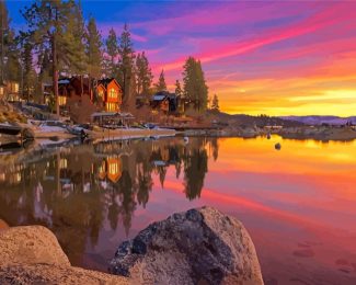 Rustic cabins at sunset diamond painting