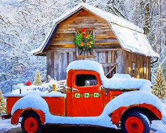 Snow Christmas Red Truck Diamond painting