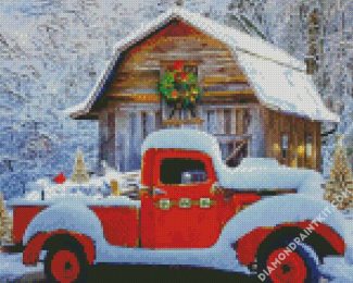 snow christmas red truck diamond painting