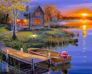 boat in lake by Rustic cabin diamond painting