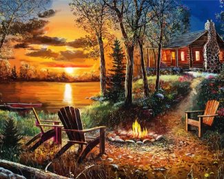 Campfire By Lake diamond painting